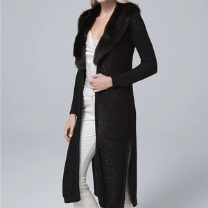 Sequin-Detail Duster with Removable Faux Fur Collar